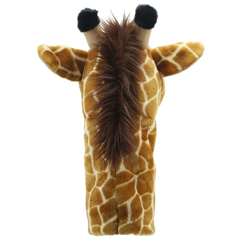 Back view of the Jumbo Friends Giraffe Hand Puppet, featuring a safari adventure-themed giraffe print, cute ears, and a fluffy mane.