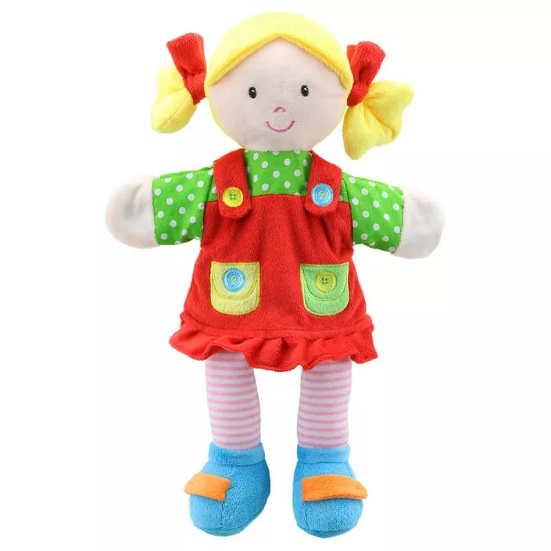 Hand Puppet of a Girl with colourful clothes and quality embroidered facial features. Big enough to be used by children and adults.
