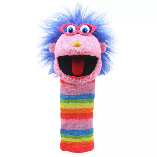 A rainbow-colored The Puppet Company Sockette Gloria.