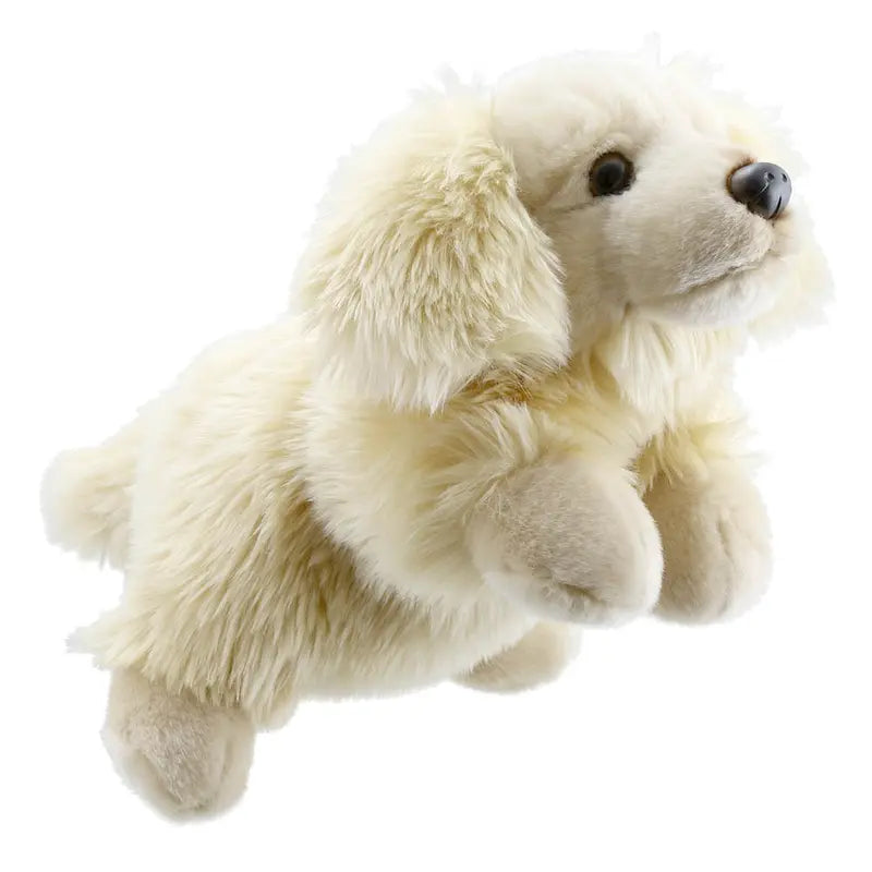 The Puppet Company Full-bodied Hand Puppet Golden Retriever features soft cream fur, floppy ears, dark eyes, and a black nose in a playful crouching pose.
