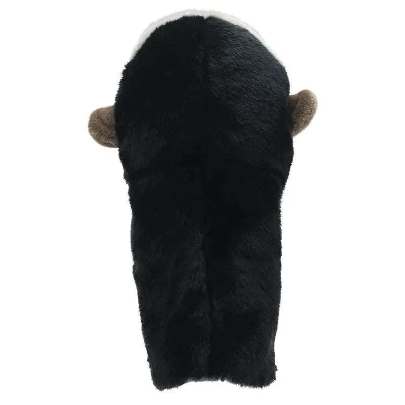 This plush black Jumbo Friends Gorilla Hand Puppet has a white patch on top and small brown ears on the sides, perfect for storytelling adventures.