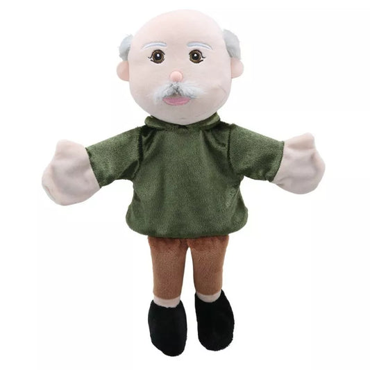 Hand Puppet of a Grandad with colourful clothes and quality embroidered facial features.  Big enough to be used by children and adults.