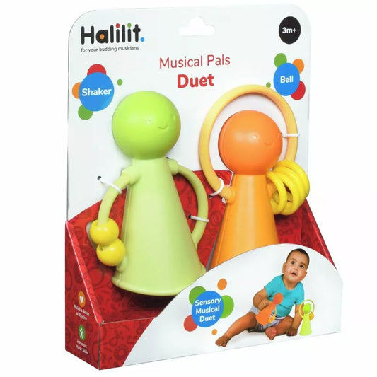 Colorful infant Halilit Music Pals Duet Green and Orange set featuring a green shaker and an orange bell in clear packaging, with a happy baby pictured on the box, indicating it's designed for sensory play