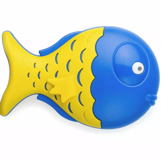 A blue and yellow Halilit Fish Shaker toy on a white background, designed to enhance motor skills.