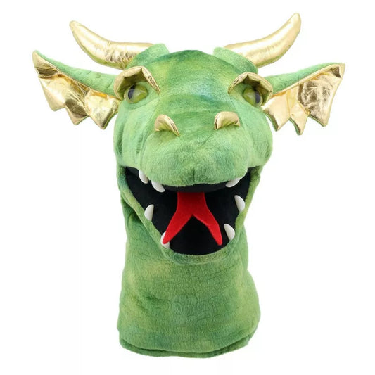 A Hand Puppet shaped like the large head of a Dragon. It is green, mouth moving with golden ears and horns.