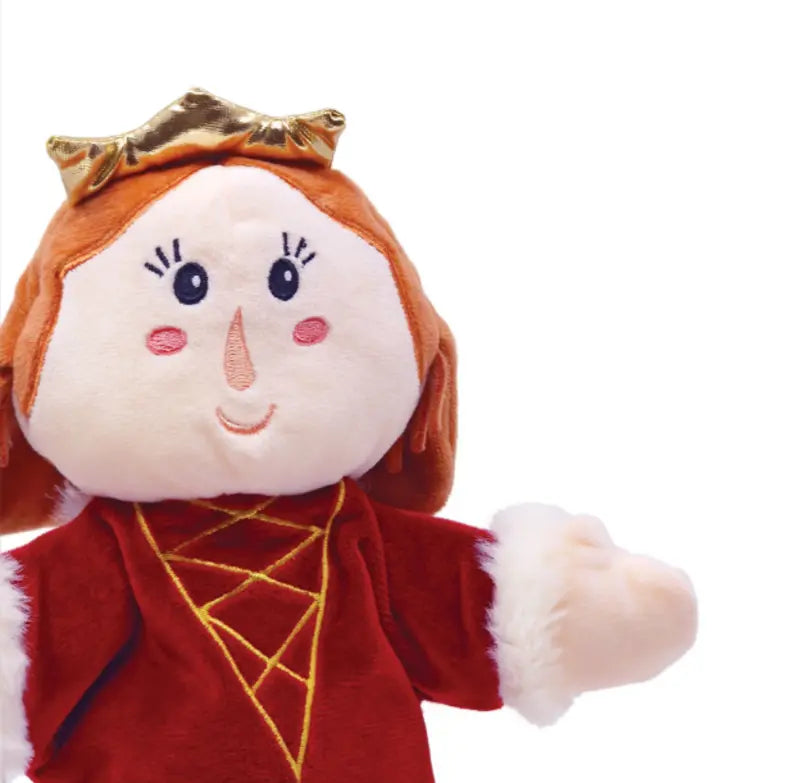 The Double-Face Hand Puppet Queen-King features a plush queen with a gold crown, red and gold dress, rosy cheeks, and orange hair—ideal for creative play—displayed against a white background.