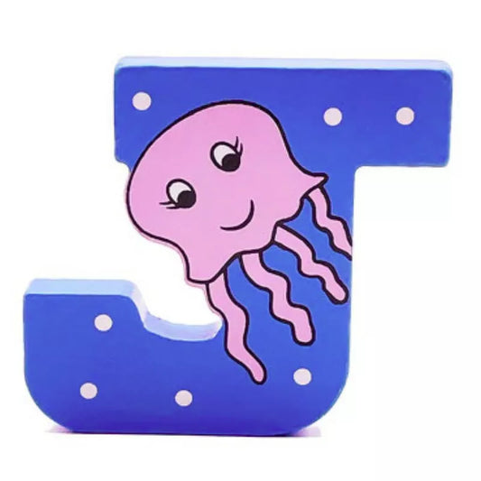 A Wooden Letter Animal – J with a pink jellyfish on it.