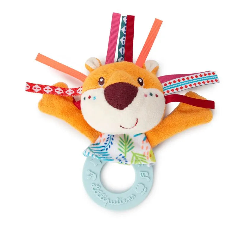 The Lilliputiens I'm Discovering Jack Teething Rattle is the perfect baby gift. This colorful plush lion has a round head, large brown nose, embroidered cheeks, and vibrant ribbon mane. It includes a blue teething ring with embossed shapes, ideal as baby's first toy!.