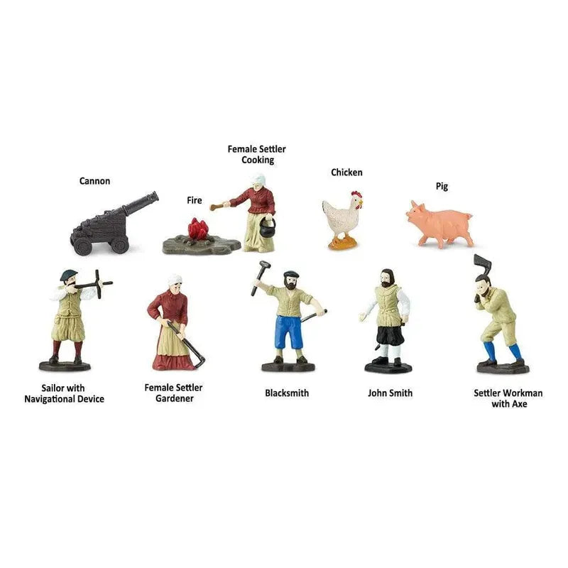 A collection of TOOB® Figurines Jamestown Settlers representing historical colonial life, including settlers, a blacksmith, animals, and a cannon, arranged in a row on a white background.