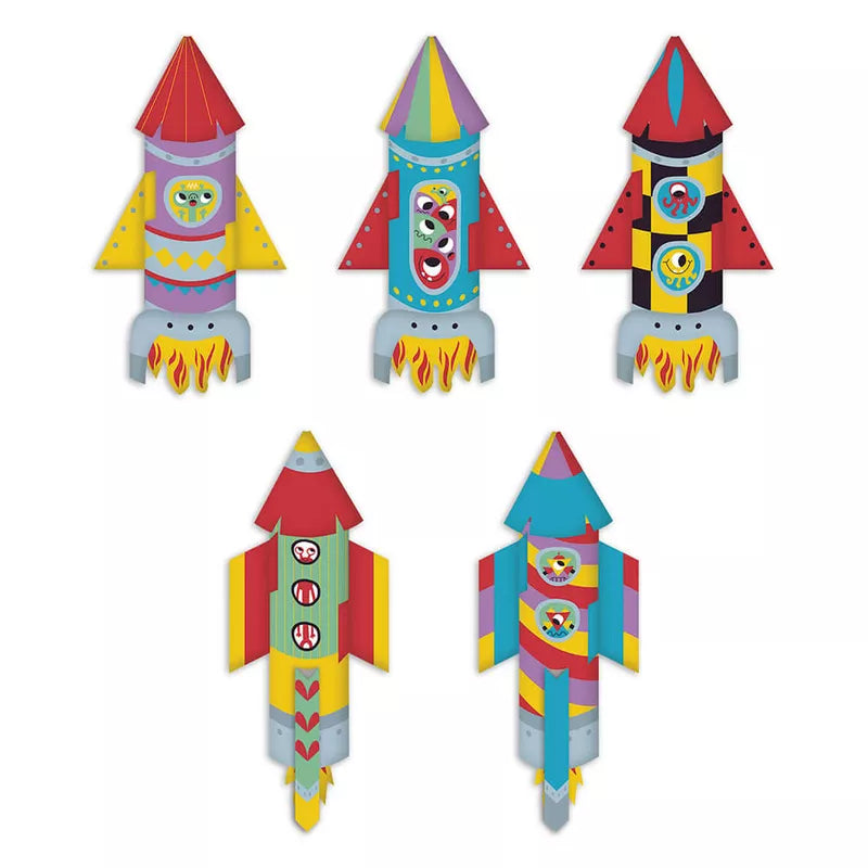 A set of ten Janod paper rockets to make on a white background.