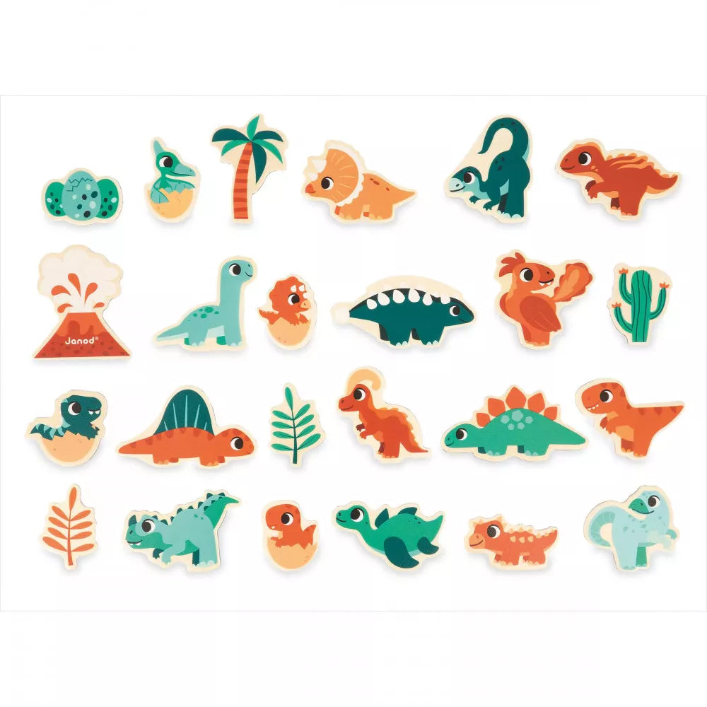 A set of Janod Dino - Dino Magnets 24 Pieces featuring different types of dinosaurs.