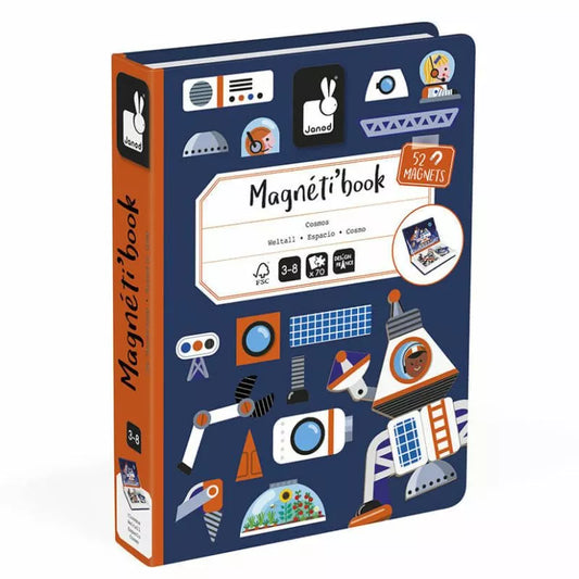 A children's book featuring a Janod Cosmos Magneti'book filled with an image of a spacecraft and other objects that ignite their imagination using magnets to interact with the pages.
