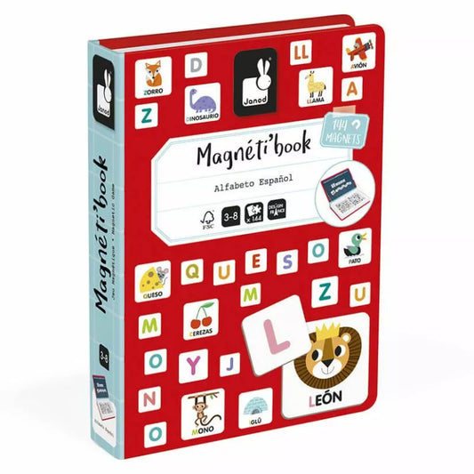 A Janod Spanish Alphabet Magneti'book with letters and animals on it.
