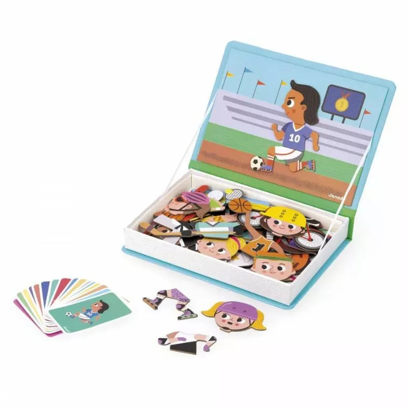 A toy box with a Janod Magnetibook - Sports and a set of cards.