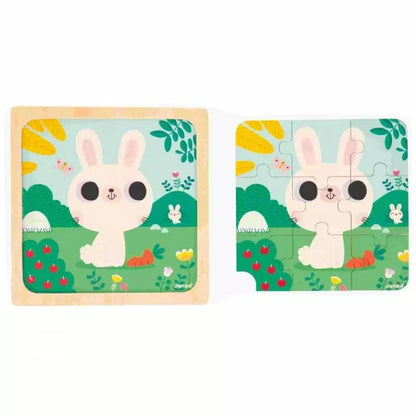 An Janod Trio Puzzle featuring a white bunny, designed to enhance fine motor skills for children aged 18 months.