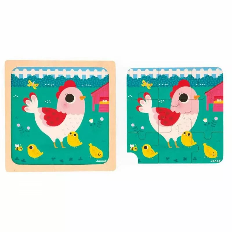 An Janod Trio Puzzle featuring a rooster and chicken, designed to enhance fine motor skills in toddlers aged 18 months.