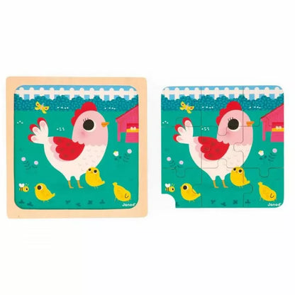 An Janod Trio Puzzle featuring a rooster and chicken, designed to enhance fine motor skills in toddlers aged 18 months.