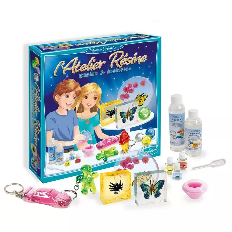 A box with a set of Sentosphere Resin Workshop children's DIY activity toys and accessories.