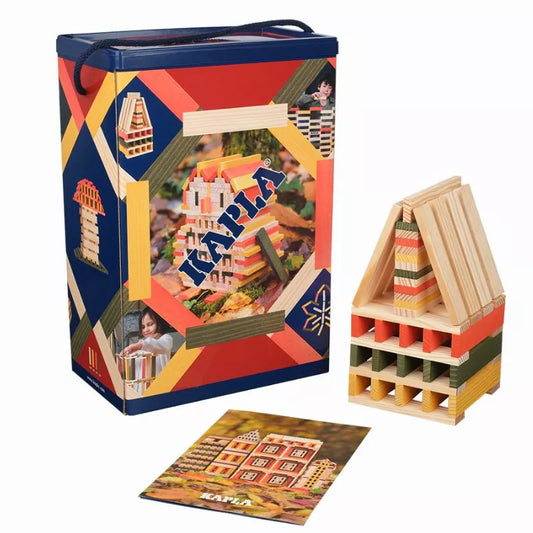 A colorful construction toy set, featuring a storage box with images of various constructions, alongside an open box with neatly stacked KAPLA® planks and an instructional guidebook.