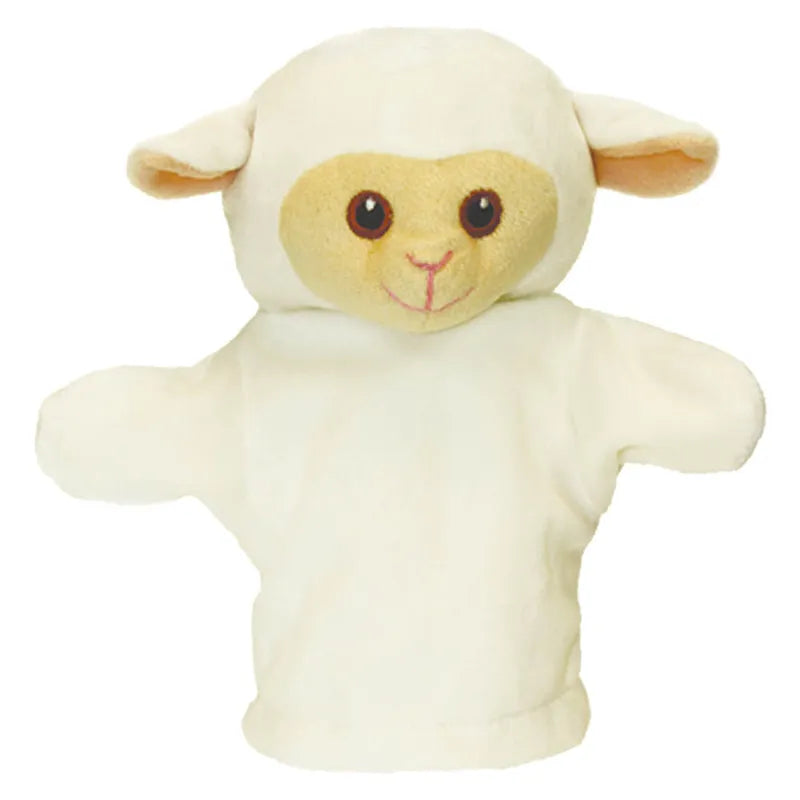 The Puppet Company My First Puppet Lamb is a soft, plush hand puppet with a cream-colored body and light brown face, floppy ears, and wide dark eyes—perfect for story time with newborns.