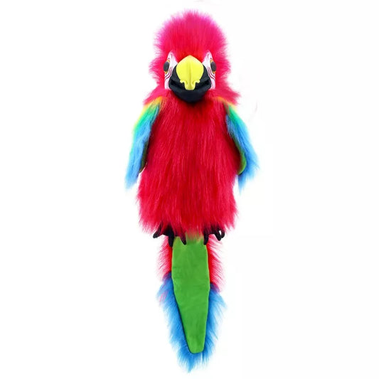 A Large Bird Hand Puppet, shaped like a Amazon Macaw, mouth moving. Large enough for children and adults to play with.