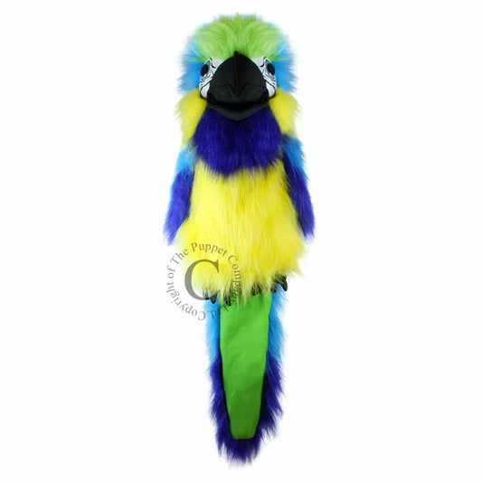 A Large Bird Hand Puppet, shaped like a Blue&Gold Macaw, mouth moving. Large enough for children and adults to play with.
