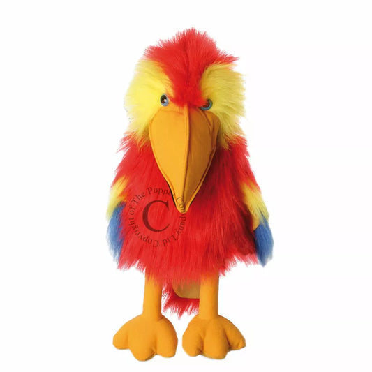 A Large Bird Hand Puppet, shaped like a Scarlet Macaw, mouth moving. Large enough for children and adults to play with.
