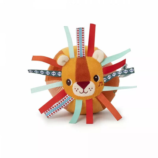 A colorful plush Lilliputiens Jack Ball Lion sensory toy with a friendly face, surrounded by a mane adorned with various patterned ribbons.