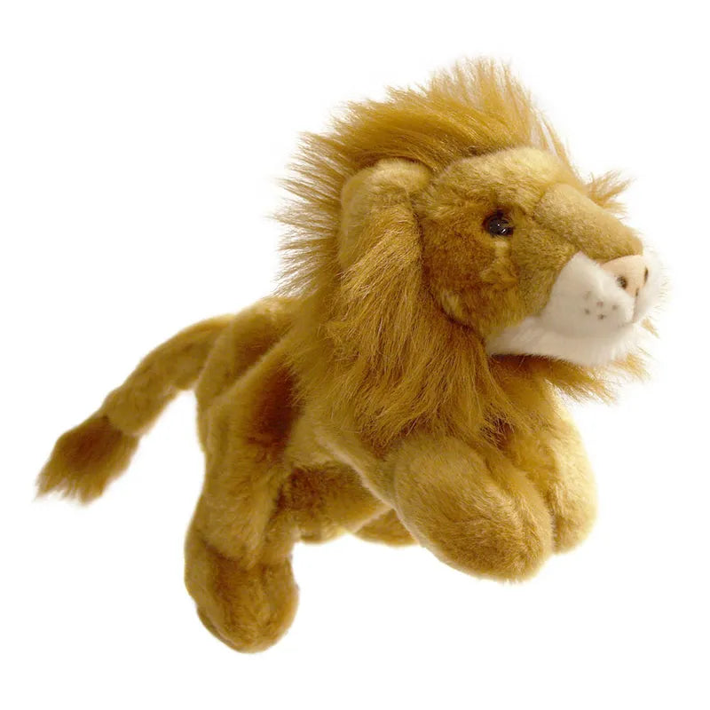 The Puppet Company Full-bodied Hand Puppet Lion features a plush, golden-brown body and a fluffy mane, giving it the appearance of leaping mid-air. Its light-colored snout and embroidered eyes make it ideal for engaging children and improving their fine-motor skills.