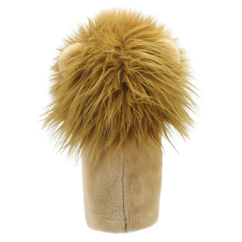 The Jumbo Friends Lion Hand Puppet, ideal for role play adventures, is shaped like a lion viewed from behind with a fluffy golden mane and soft beige-brown fur. Its cylindrical body is mostly hidden by the lifelike mane on top.
