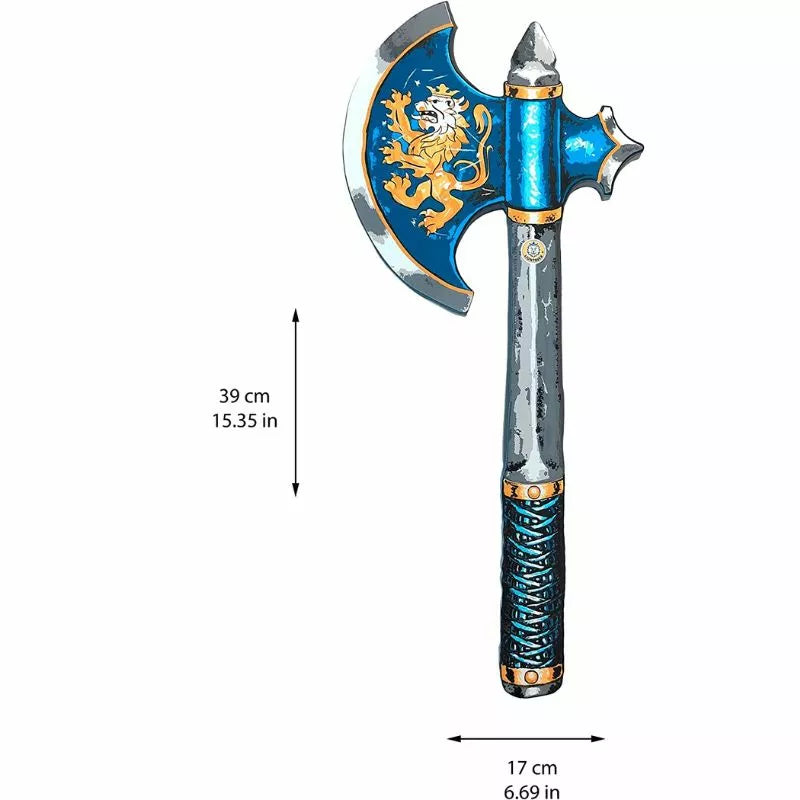 a Liontouch Noble Knight Axe with a blue handle.