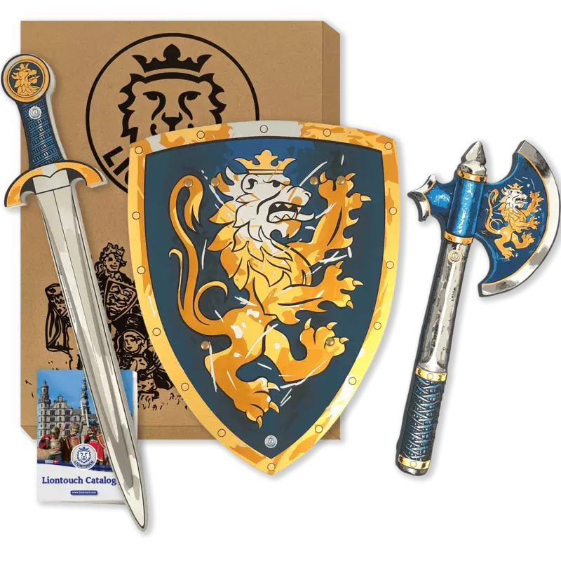 a Liontouch Noble Set sword, shield, and a box with a lion on it.