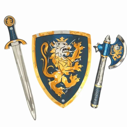 a Liontouch Noble Set Sword, Shield & Axe with a lion on them.