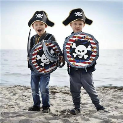 Two boys wearing Liontouch Pirate Hat Red Stripe and dressed up as pirates on the beach.