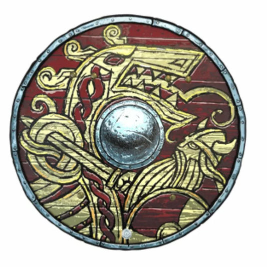 An imaginative play Liontouch Viking Shield made of EVA foam featuring a dragon design in red and gold.