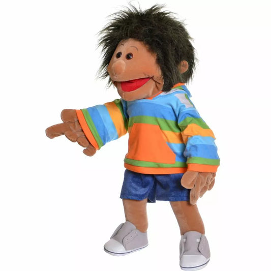 A Living Puppets Marlon 65cm Hand Puppet wearing a striped shirt and pointing to the side is a large hand puppet designed for interactive play.