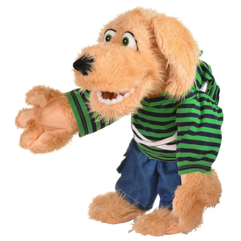 Bosse the large Dog Hand Puppet – 65cm is a tan, plush puppet wearing a green and black striped shirt with blue shorts, standing upright with one arm raised and mouth open, perfect for interactive storytelling.