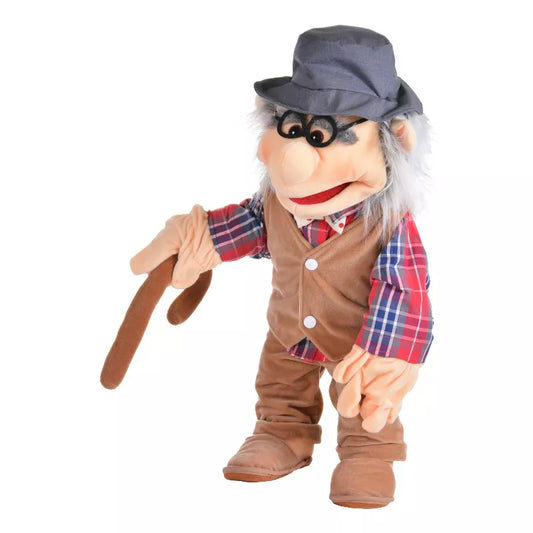 a Living Puppets Grandpa 65cm Hand Puppet with a hat and glasses.