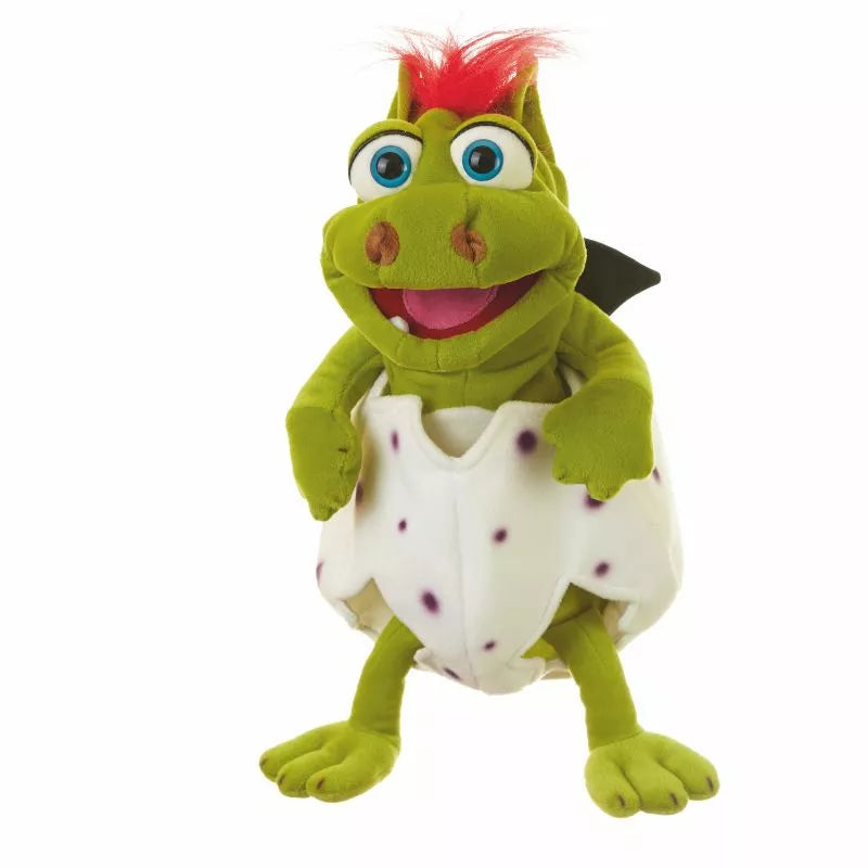 A Living Puppets Gregor Peek-a-Boo Puppet with a red mohawk holding a white object.