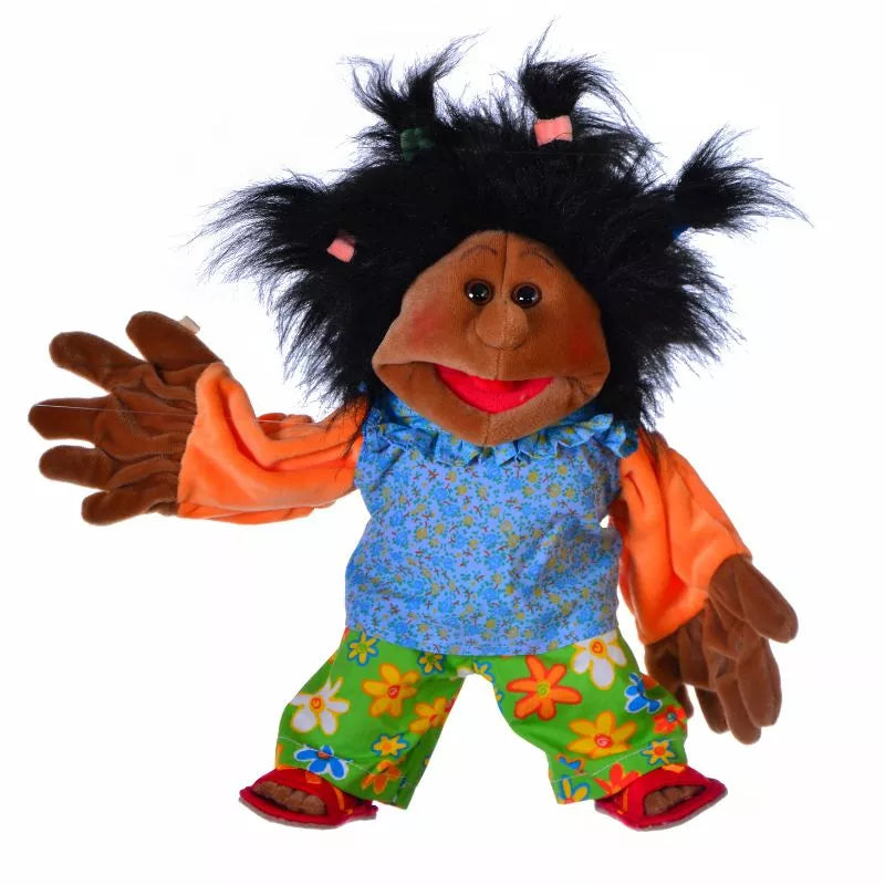 Living Puppets Maggy 65cm Hand Puppet that is wearing a blue shirt and green pants.