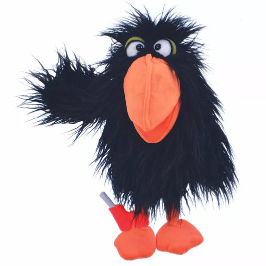 A fluffy black Living Puppets Thank you hand puppet with an oversized orange beak and feet, wide green eyes designed for storytelling, and a mouth movement mechanism for enhanced interaction. This hand puppet is showcased against a white background.
