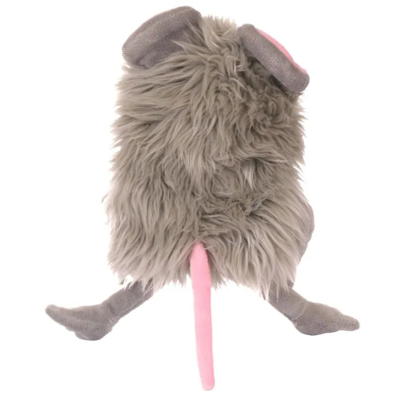 Introducing the Living Puppets Tuddel, a plush hand puppet resembling a cartoonish gray mouse with fluffy fur, pink-lined ears, and a long pink tail. Its wide-spread legs and feet make it perfect for imaginative play and endless soft hand puppet adventures.