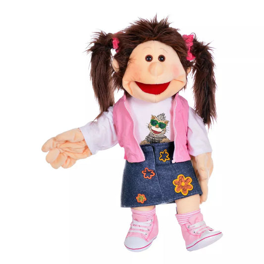 a Living Puppets Monique 65cm Hand Puppet with a pink shirt and blue skirt.