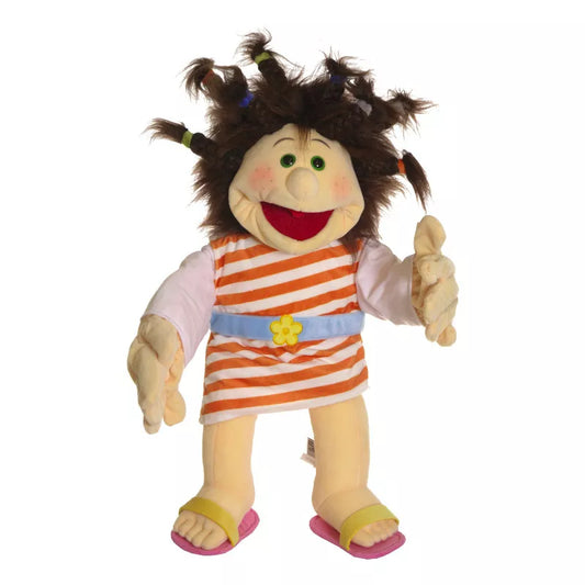 A Living Puppets Backbarmus 65cm Hand Puppet with a big smile on its face.