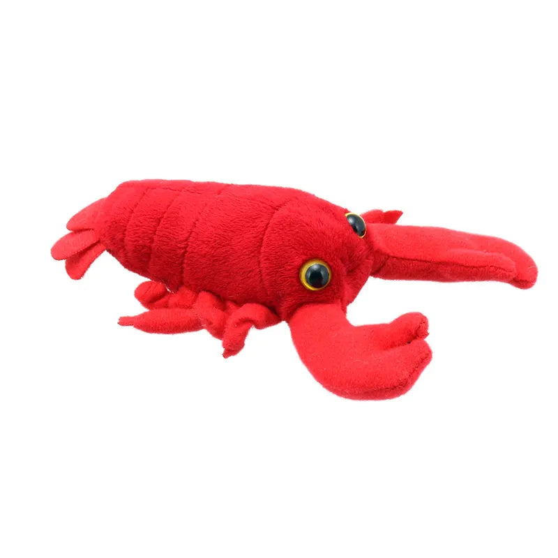 A fluffy red lobster finger puppet with large claws and big round eyes, perfect for children's storytime adventures, lies on a white background.