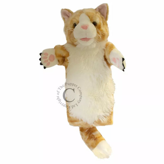 A Long Sleeved Hand Puppet with the head of a Cat. Made of soft and furry material, with a realistic looking face and is mouth moving.