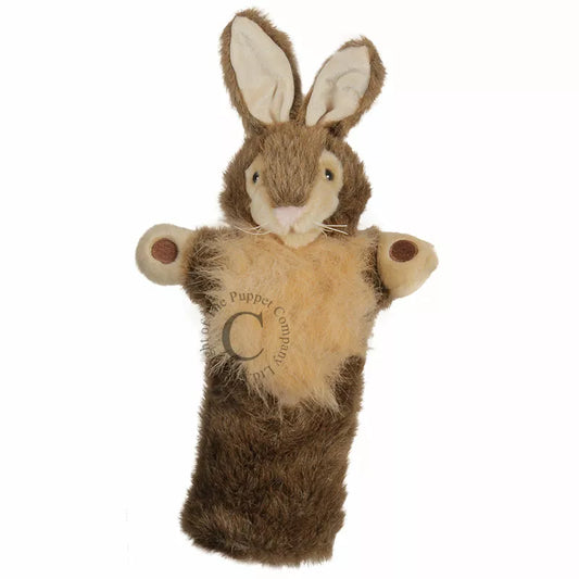 A Long Sleeved Hand Puppet with the head of a Rabbit. Made of soft and furry material, with a realistic looking face and is mouth moving.