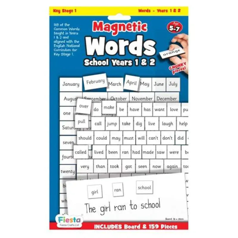 Magnetic First Words set for ages 5-7 enhances writing skills with 159 essential words like "January," "girl," and "school." Comes with a board and features an image of a child proudly holding a word piece. Perfect for School Years 1 & 2.