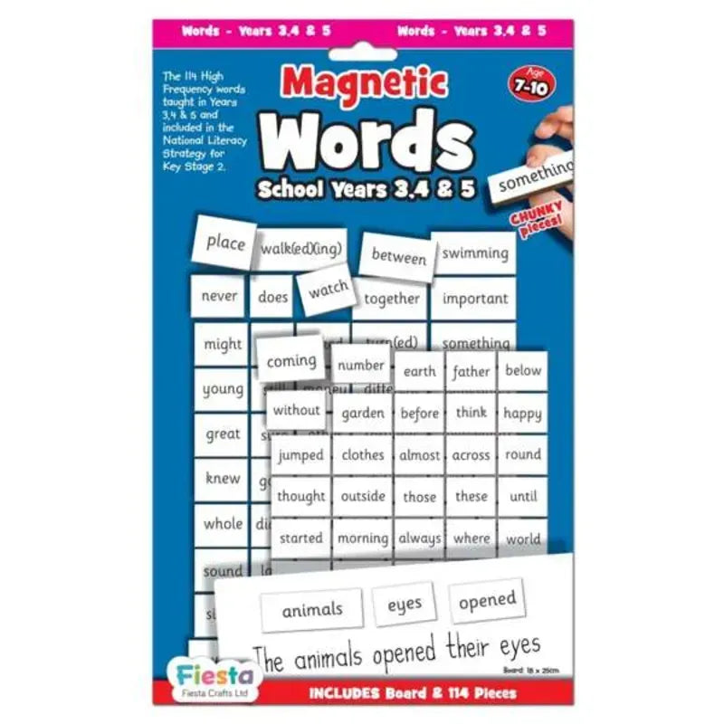 The Magnetic First Words - 7 to 10 Years by Fiesta Crafts Ltd. is a box containing 114 magnetic words like "walked," "eyes," and "opened" to enhance writing skills and vocabulary for ages 7-10, years 3-5. It's designed with colorful labels to boost literacy learning.