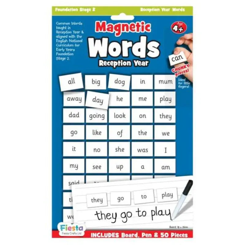 The "Magnetic High Frequency Words Reception Year" packaging includes a magnetic board, pen, and 50 word pieces such as "all," "big," and "can." Designed for early learners, the colorful box promotes writing practice with high-frequency English words.